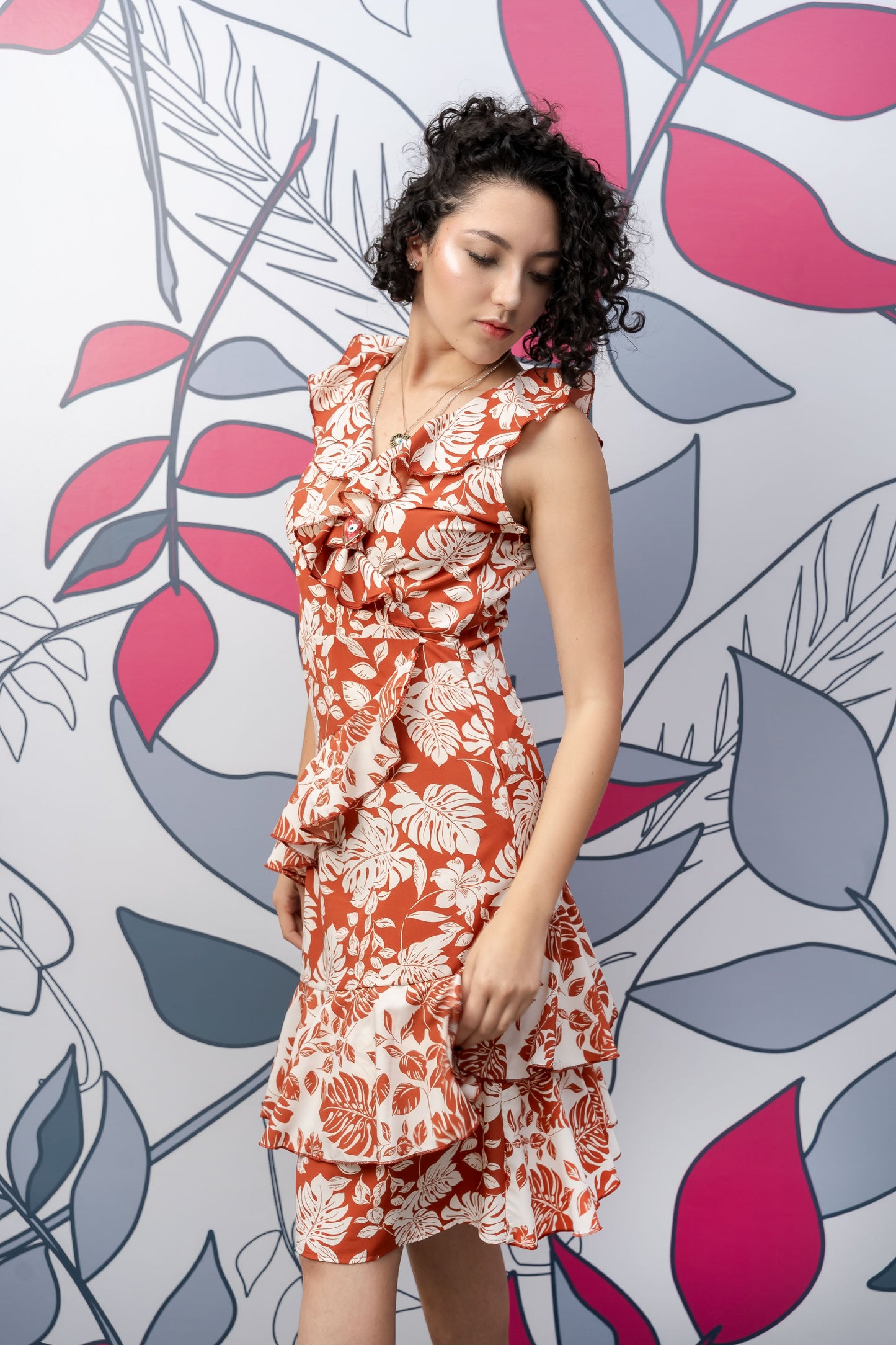 Vestido Midi Boleros Estampado Tropical